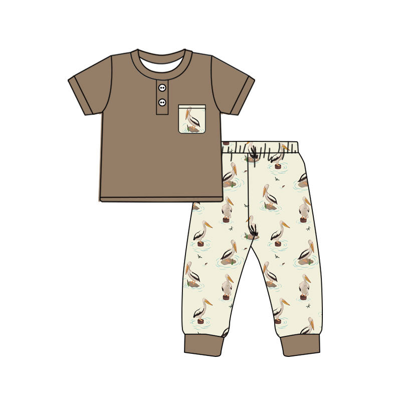 Baby Boys Short Sleeve Button Pocket Top Pelicans Pant Hunitng Pajamas Clothes Sets Preorder