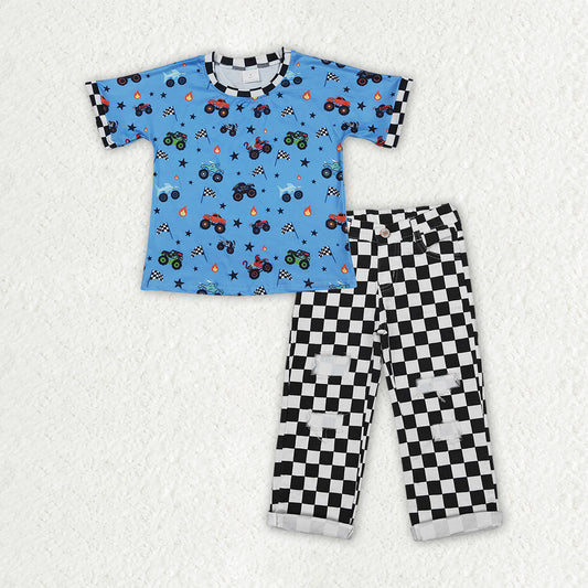 Baby Boys Blue Motors Cars Flags Top Black Checked Denim Pants 4th of July Clothes Sets