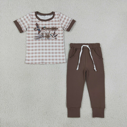 Baby Boys Brown Checked Ducks Top Pockets Jogger Hunting Clothes Sets