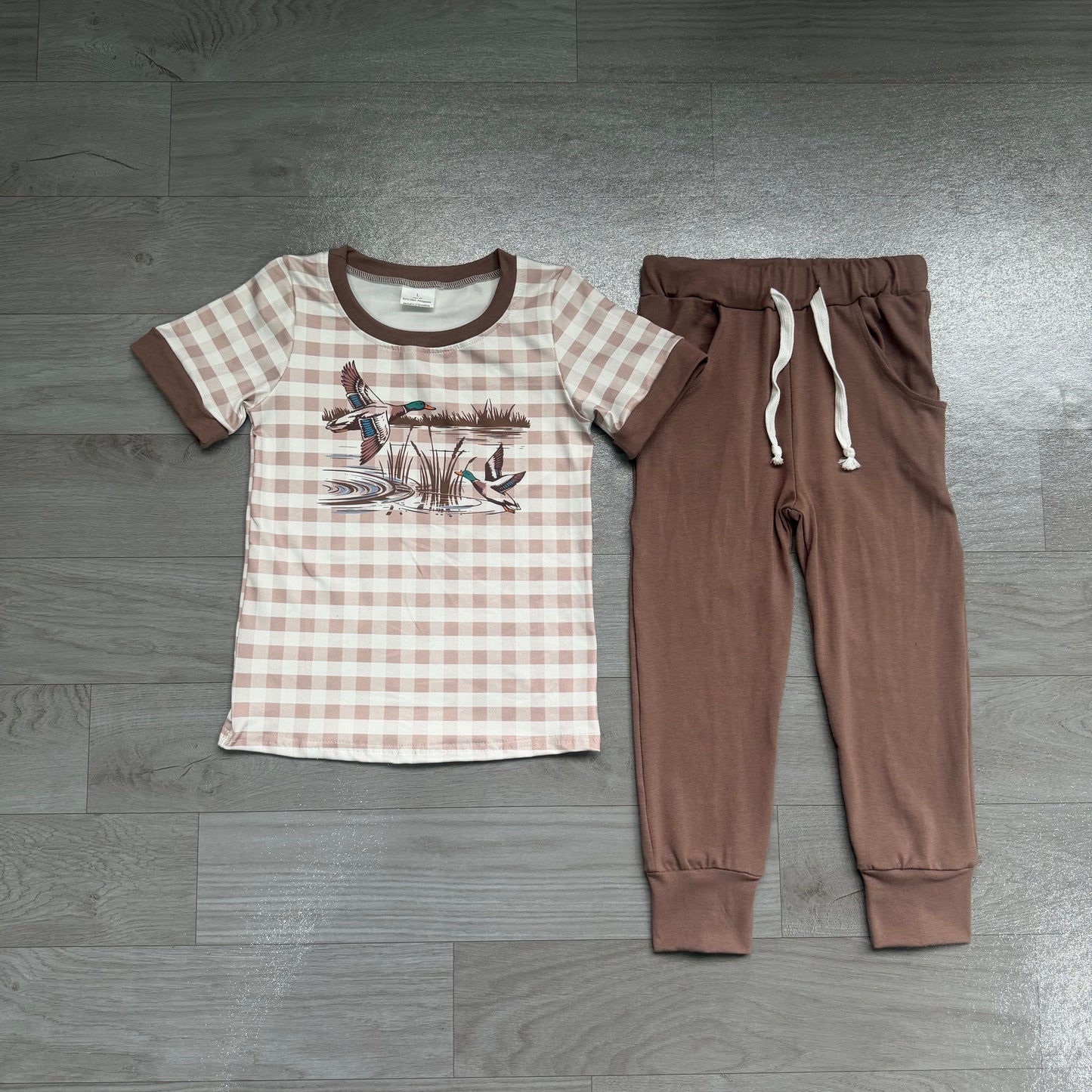 Baby Boys Brown Checked Ducks Top Pockets Jogger Hunting Clothes Sets