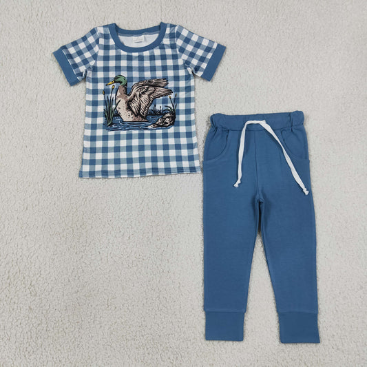 Baby Boys Blue Checked Ducks Top Pockets Jogger Hunting Clothes Sets