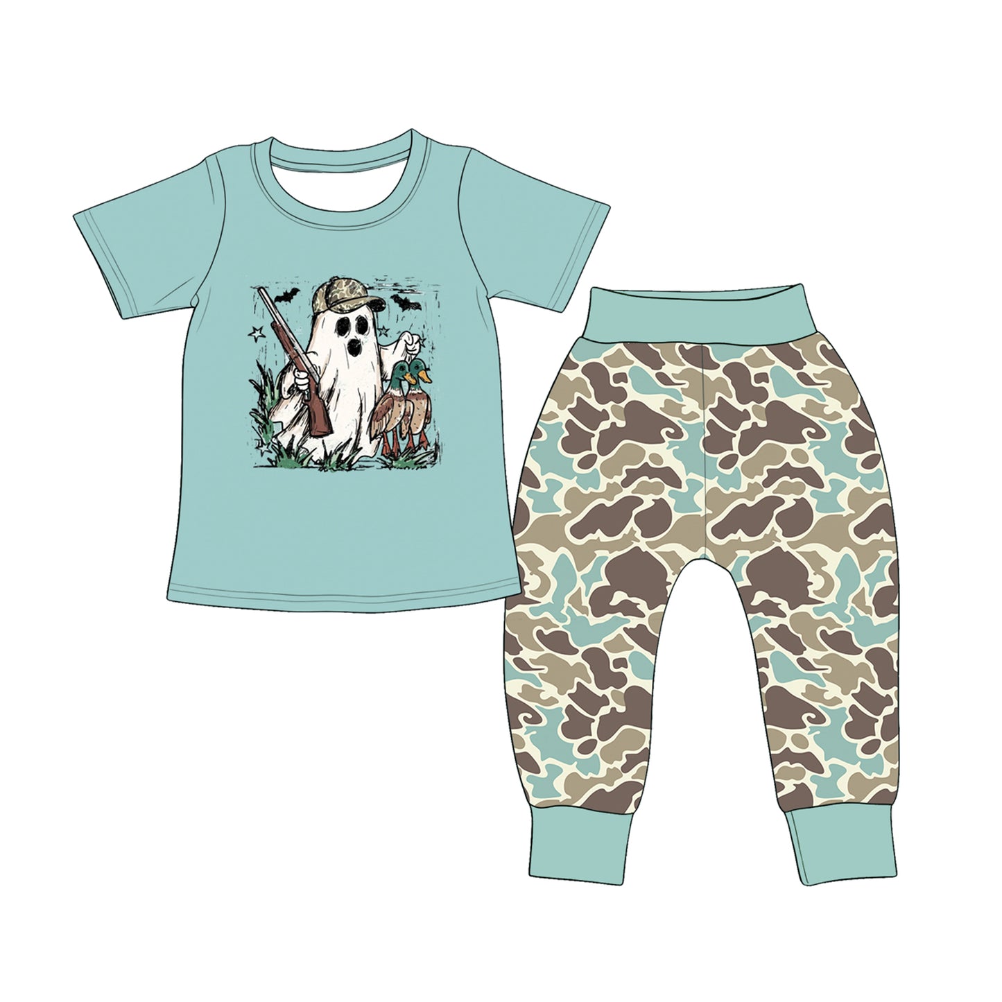 Preorder moq 5 Baby Boys Ducks Ghosts Top Leggings Pant Halloweens Clothes Set