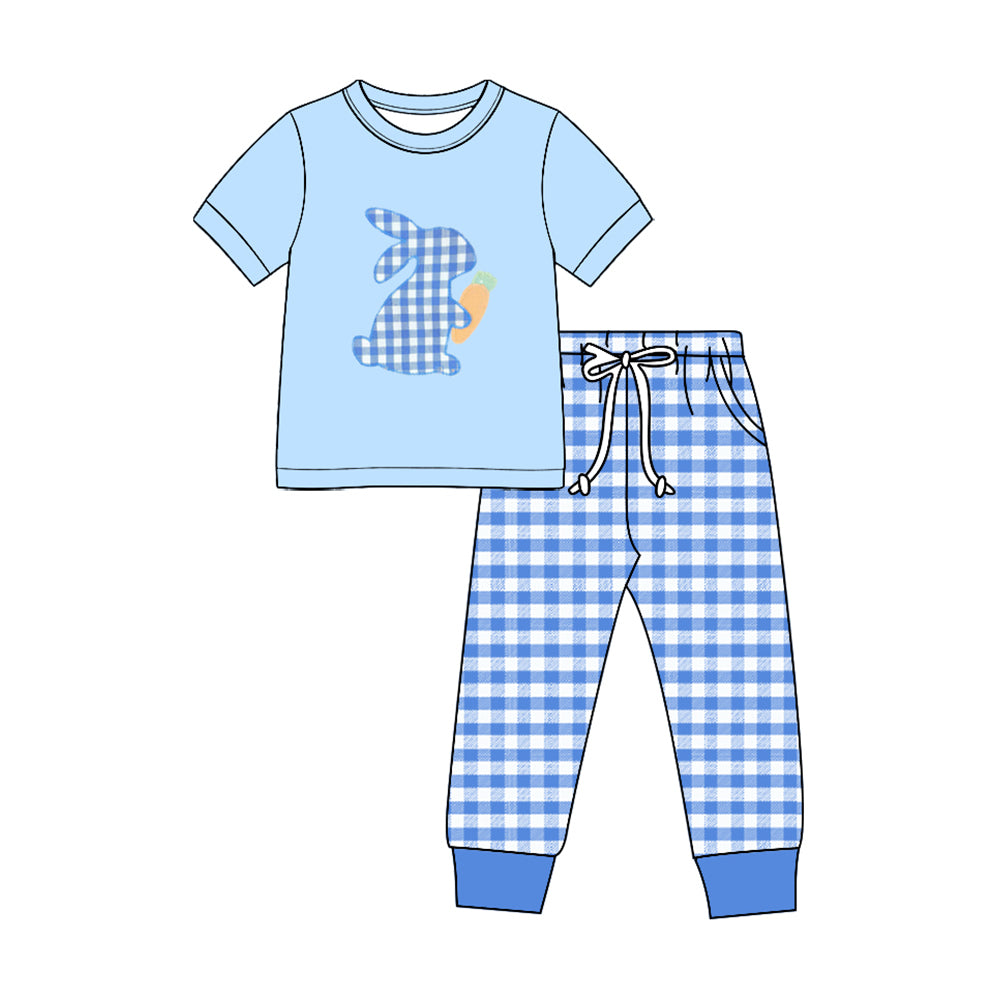 Preorder moq 5 Baby Boys Blue Checked Rabbit Carrots Top Pockets Pant Easter Clothes Sets