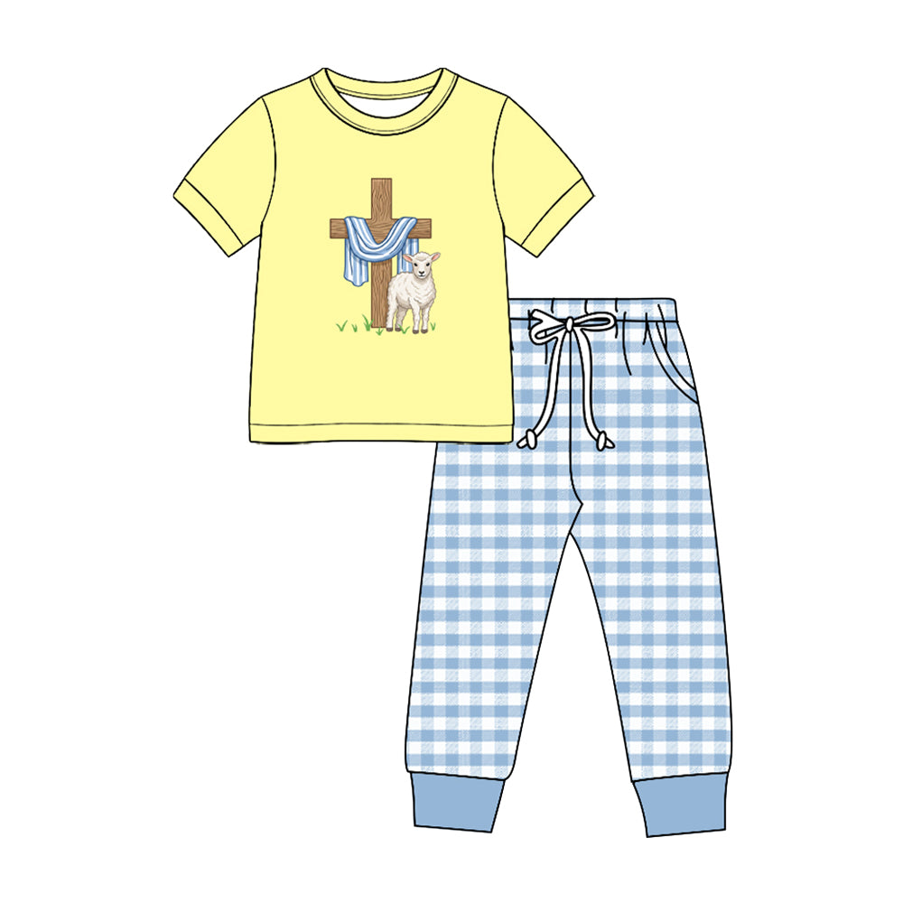 Preorder moq 5 Baby Boys Cross Sheep Top Checked Pockets Joggers Easter Clothes Sets