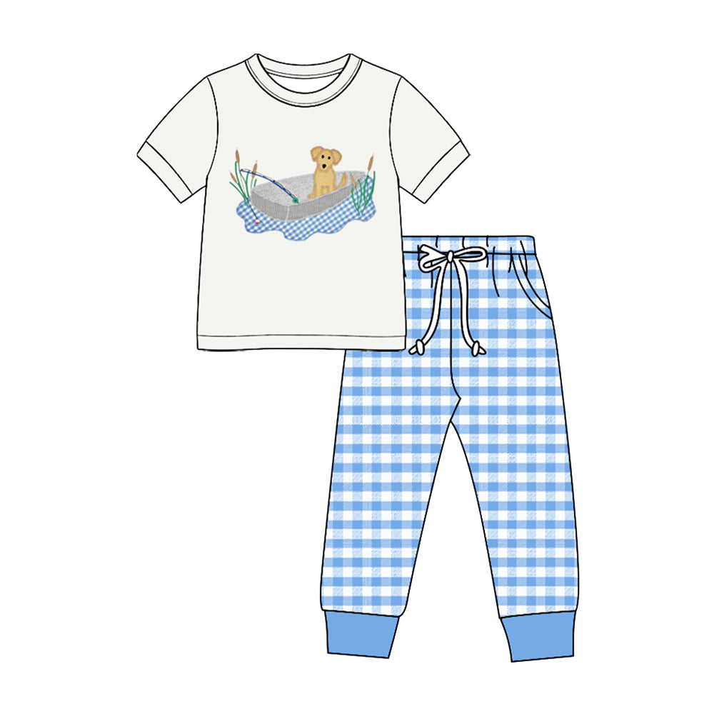 Preorder moq 5 Baby Boys Dog Fishing Top Checked Pockets Joggers Hunting Clothes Set