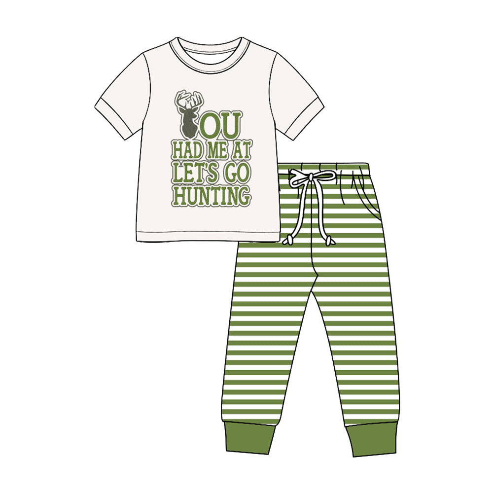 Preorder moq 5 Baby Boys Deer Lets Go Hunting Top Stripe Pockets Joggers Clothes Sets
