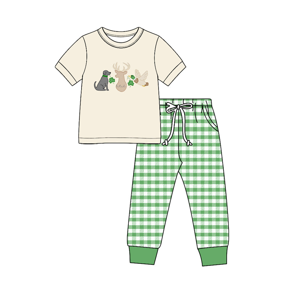 Preorder moq 5 Baby Boys Dogs Ducks Clovers Top Checked Joggers St Patrick Clothes Set