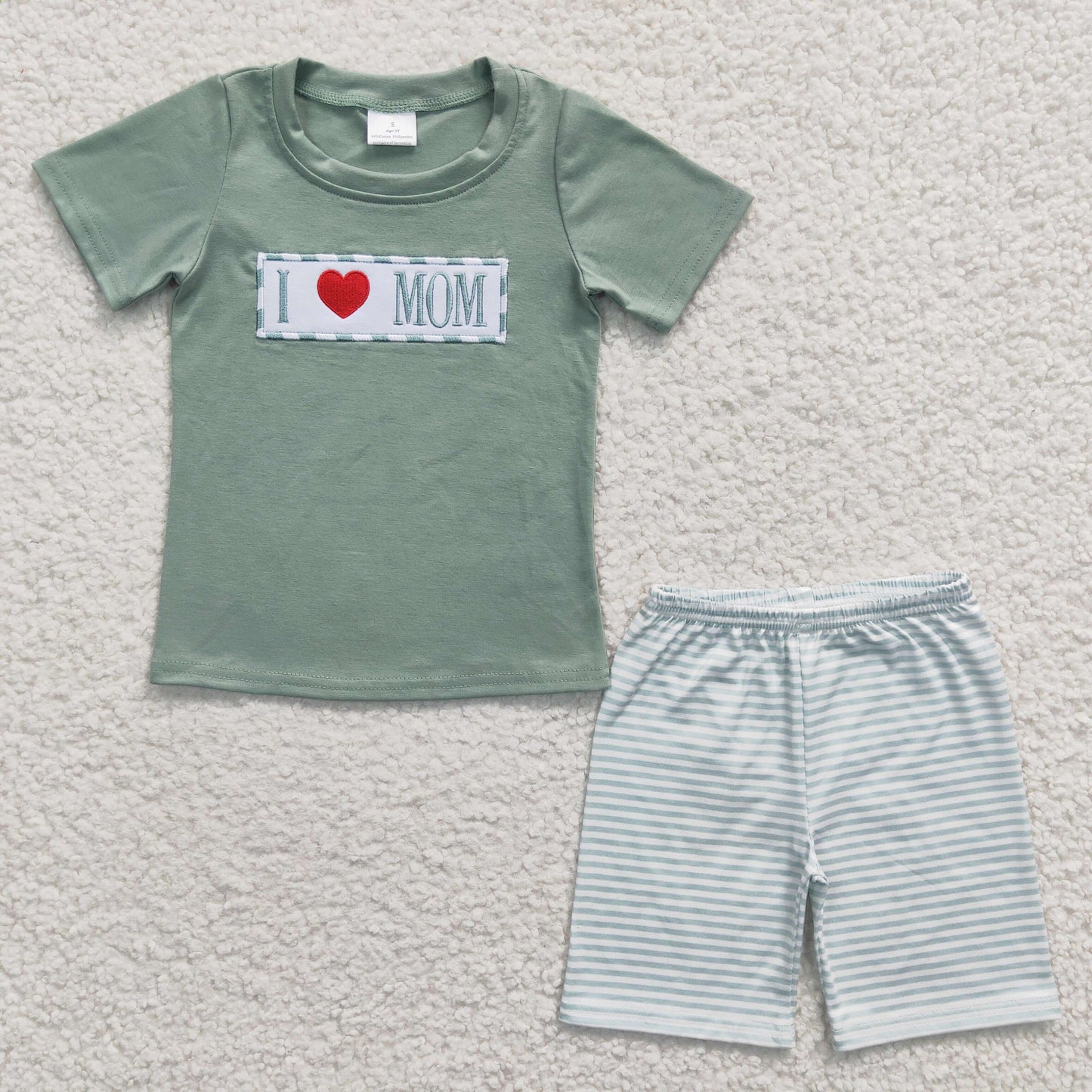 USA Shop Baby Boys Embroidery I Love Mom Top Green Stripe Short Clothes Set