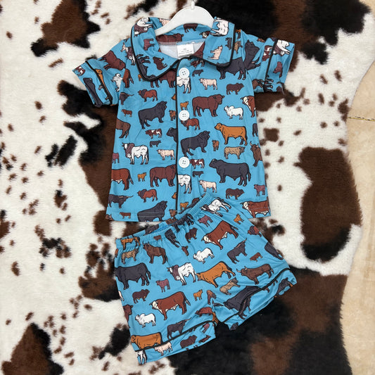 Sibling Baby Boys Western Cows Button Up Summer Pajamas Girls Shorts