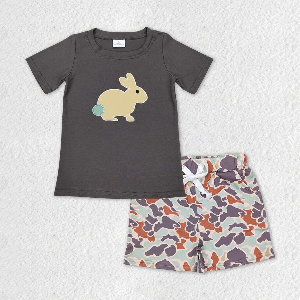 Sibling Baby Boys Embroidery Rabbits Camo Pockets Shorts Easter Clothes Sets Rompers