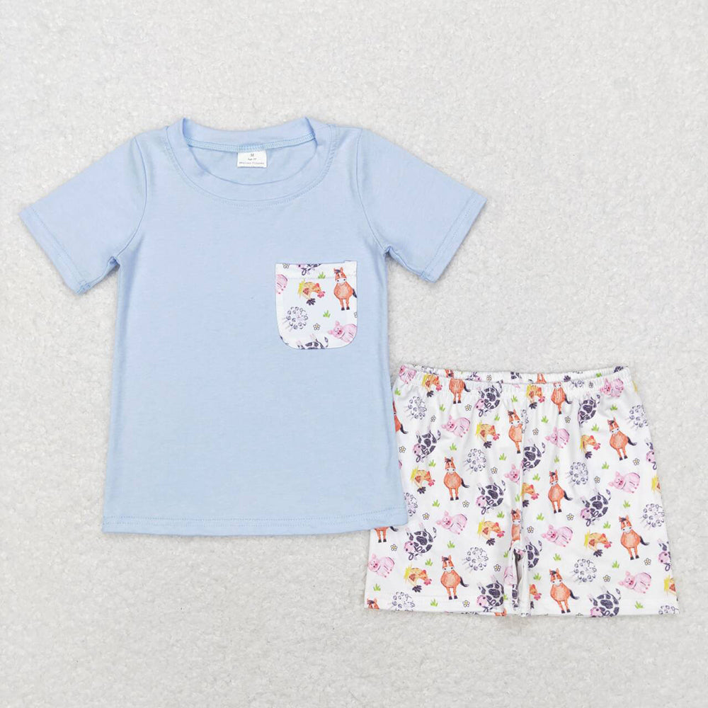Sibling Baby Boys Cows Horse Blue Farm Rompers Outfits