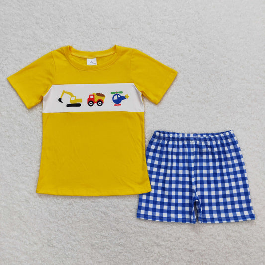 Sibling Baby Boys Embroidery Cars Planes Top Pockets Short Clothes Sets