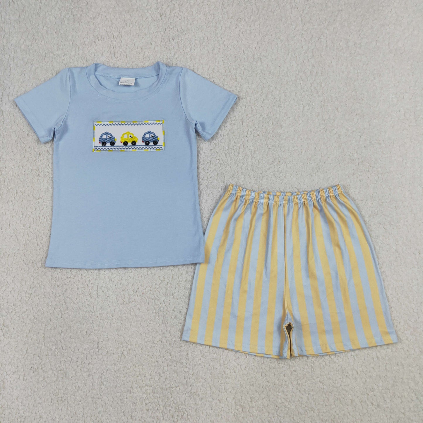 Embroidery Cars Baby Boys Blue Shirt Top Stripe Shorts Clothes Sets