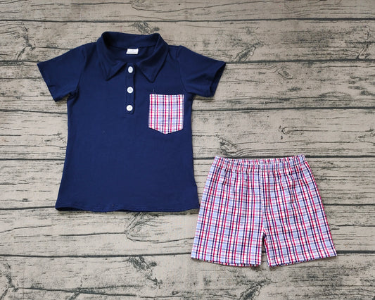 Baby Boys Navy Pullover Top Checkered Shorts Clothes Sets
