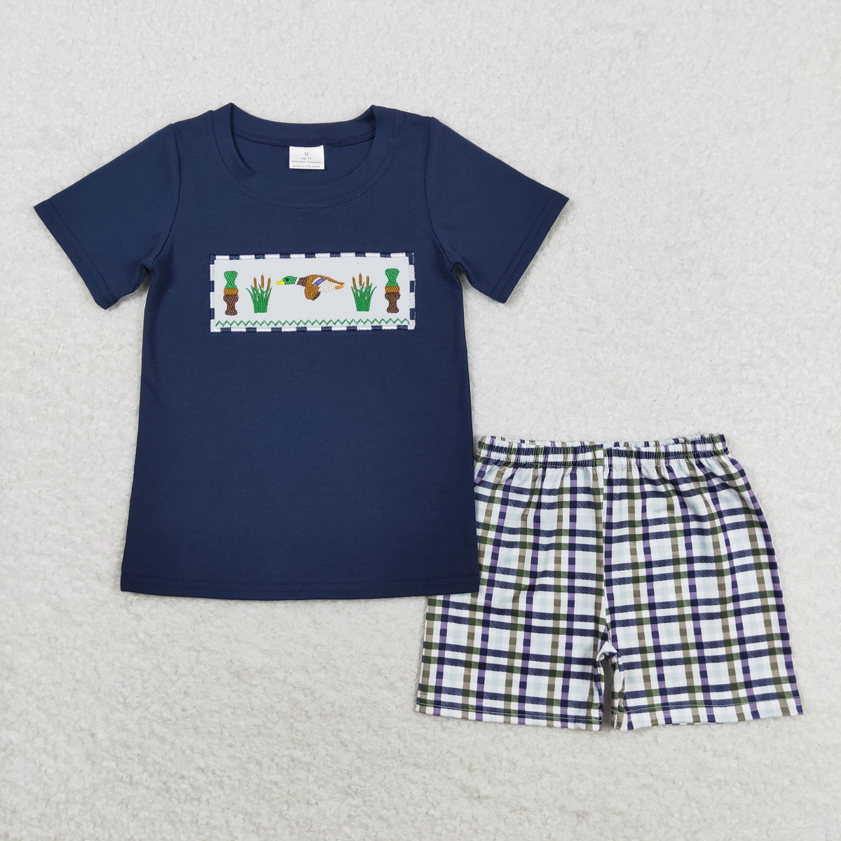 Sibling Baby Boys Embroidery Ducks Calls Top Blue Checked Shorts Hunting Clothes Set Romper