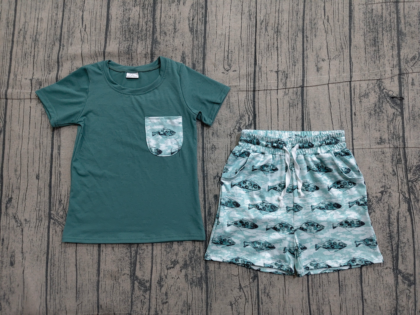 Baby Boys Dark Green Short Sleeve Shirts Top Fishes Shorts Hunting Clothes Sets