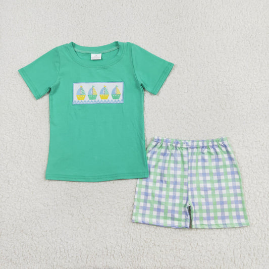 Sibling Baby Boys Short Sleeve Embroidery Boats Top Stripe Checked Shorts Clothes Sets