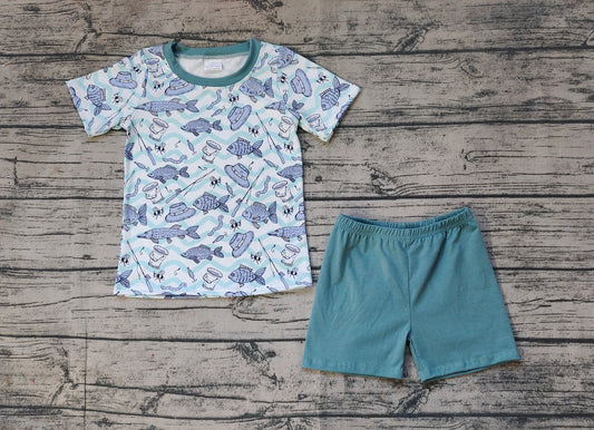 Baby Boys Fishing Stripes Shirt Top Blue Shorts Clothes Sets