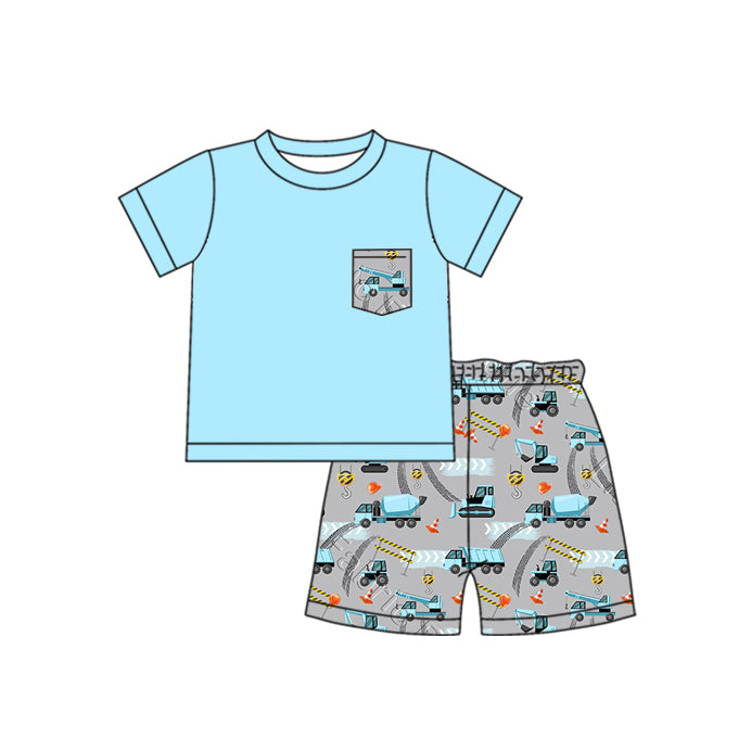 Preorder moq 5 Baby Boys Blue Construction Pocket Top Shorts Clothes Sets