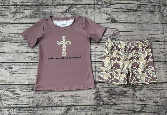 Baby Boys Brown Easter Cross Shirt Camo Shorts Clothes Sets