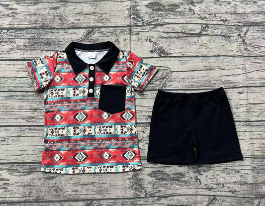 Baby Boys Western Aztec Black Pocket Shirt Shorts Clothes Sets