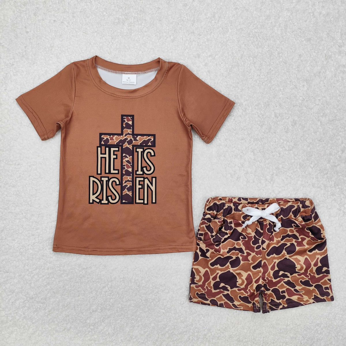 Sibling Baby Boys Brown Camo Cross He is Risen Pockets Shorts Easter Clothes Set Rompers