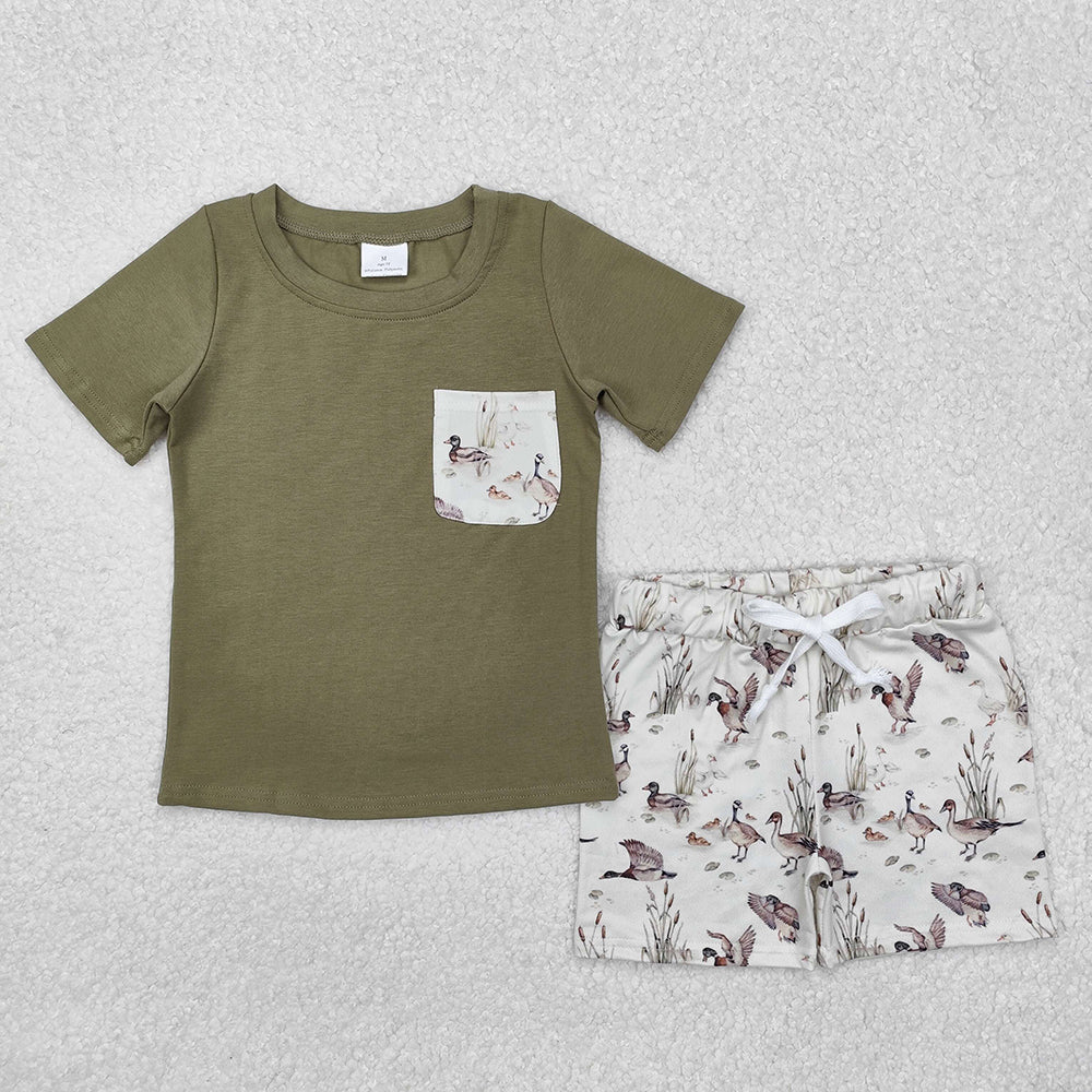 Sibling Baby Boys Green Hunting Ducks Mallard Rompers Outfits