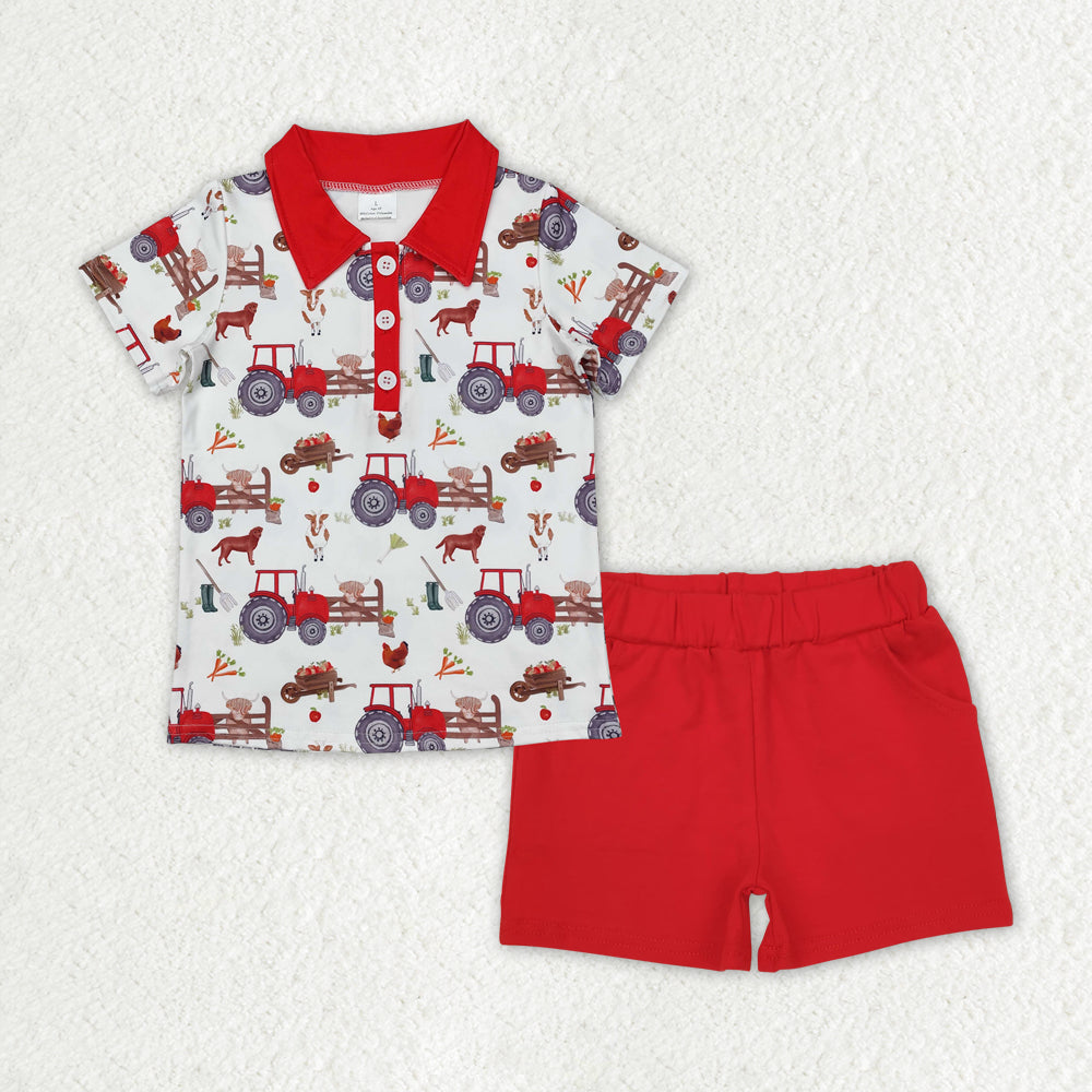 Baby Boys Farm Trucks Tops Red Cotton Outfits Clothes Sets