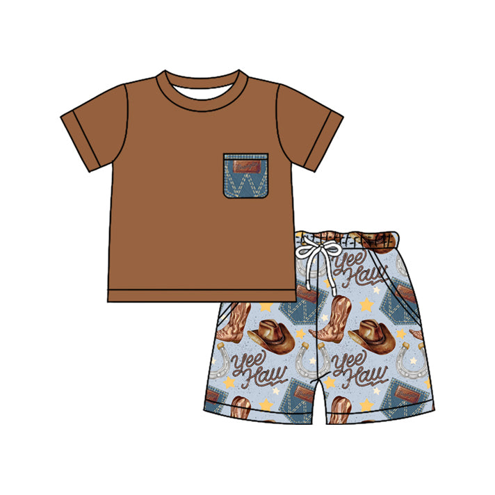 Baby Boys Western Yeehaw Boots Pocket Shirts Shorts Clothes Sets Preorder