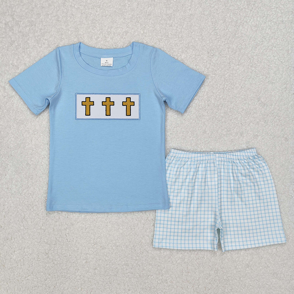 Embroidery Baby Boys Blue Easter Cross Shirts Checkered Shorts Clothes Sets