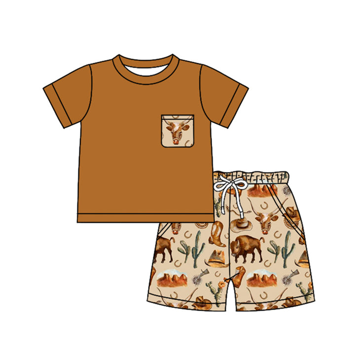 Baby Boys Brown Shirt Western Cow Pockets Shorts Clothes Sets Preorder