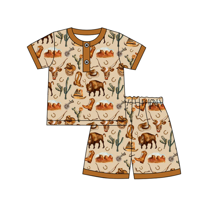 Baby Boys Brown Shirt Western Cow Shorts Pajamas Clothes Sets Preorder