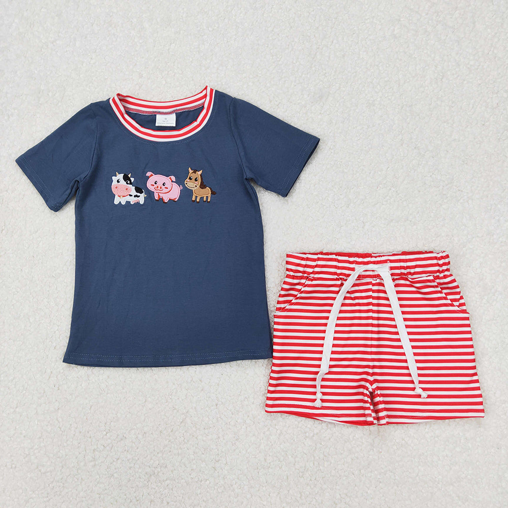 Sibling Embroidery Boys Baby Girls Blue Farm Animals Summer Outfits