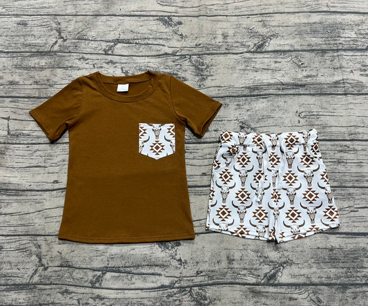 Baby Boys Brown Pocket Top Aztec Cow Shorts Clothes Sets
