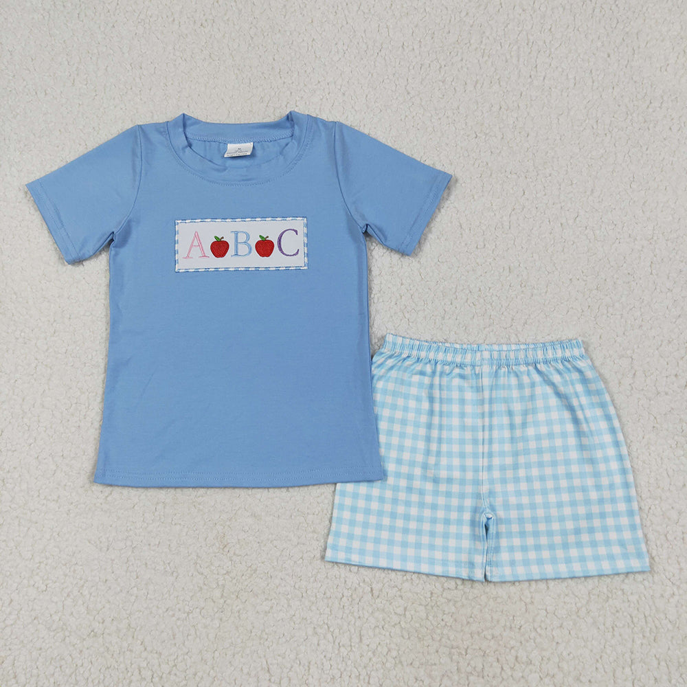 Baby Boys Blue Embroidery Apple ABC Top Plaid Shorts Back To School Clothes Sets