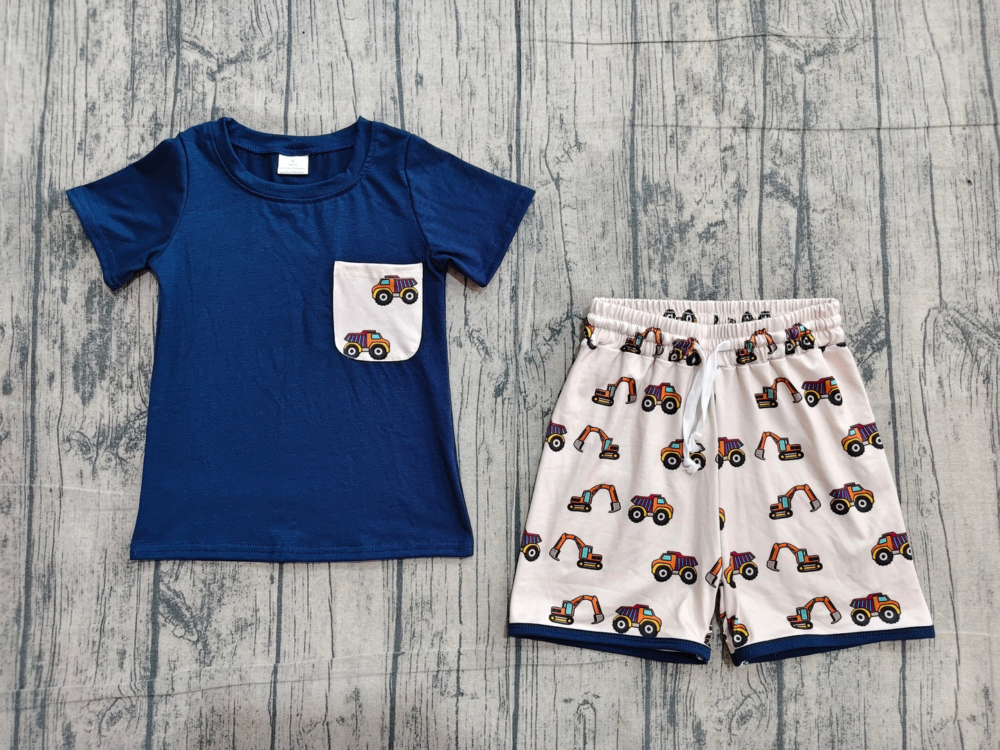 Baby Boys Navy Shirts Pocket Top Excavators Shorts Clothes Sets