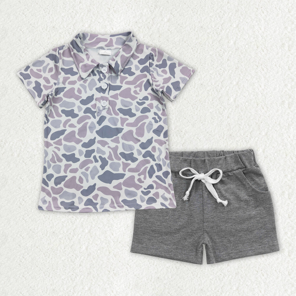 Baby Boys Grey Camouflage Lapel Buttons Shirts Cotton Shorts Clothes Sets