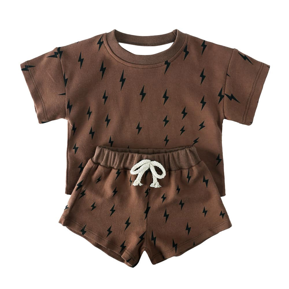 Preorder moq 5 Baby Boys Dark Brown Short Sleeves Lightning Top Short Pajamas Set