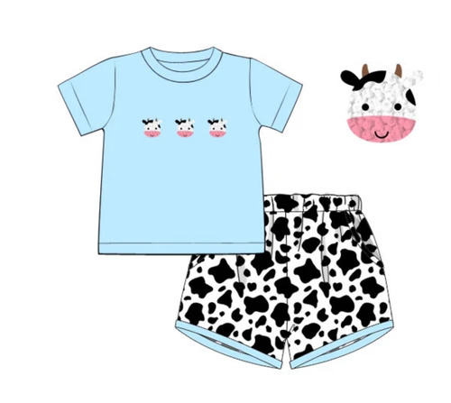 Preorder moq 5 Baby Boys Blue Cows Top Cow Print Short Fram Set
