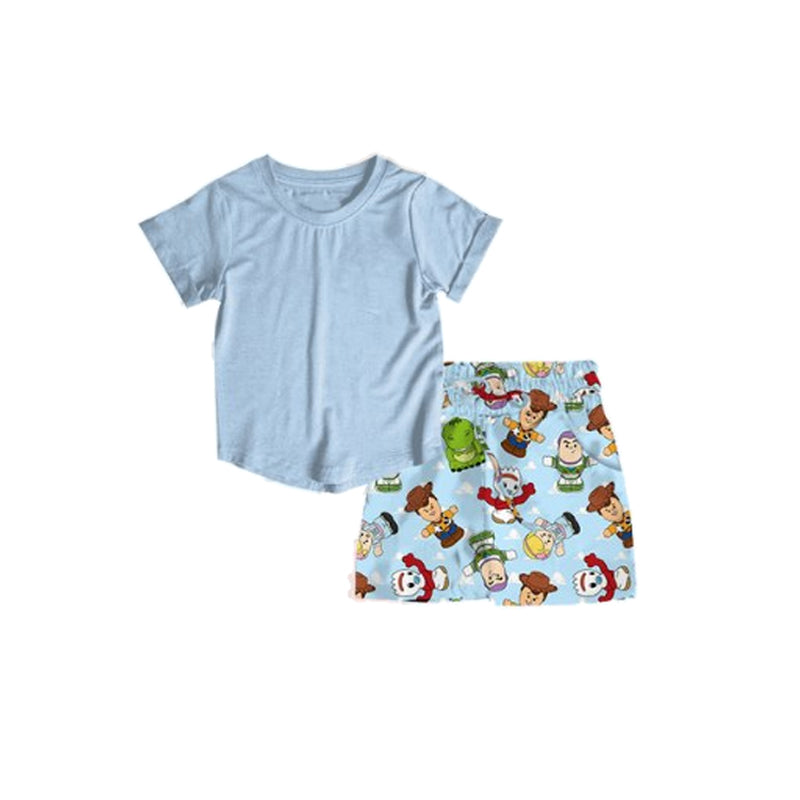 Baby Boys Blue Short Sleeves Top Cartoon Dolls Pockets Short Set Preorder