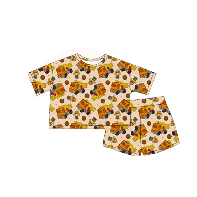 Baby Boys Khaki Short Sleeves Cartoon Trucks Top Short Pajamas Set Preorder