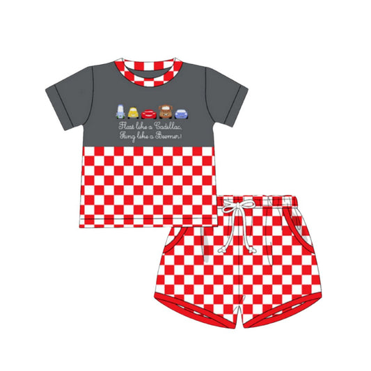 Preorder moq 5 Baby Boys Cartoon Cars Top Red Plaid Pockets Short Set