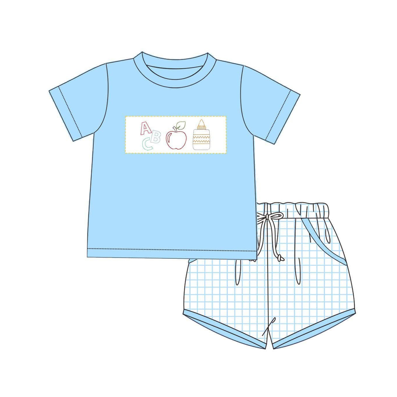 Baby Boys Apple Pencil Top Blue Plaid Pockets Short Set Preorder