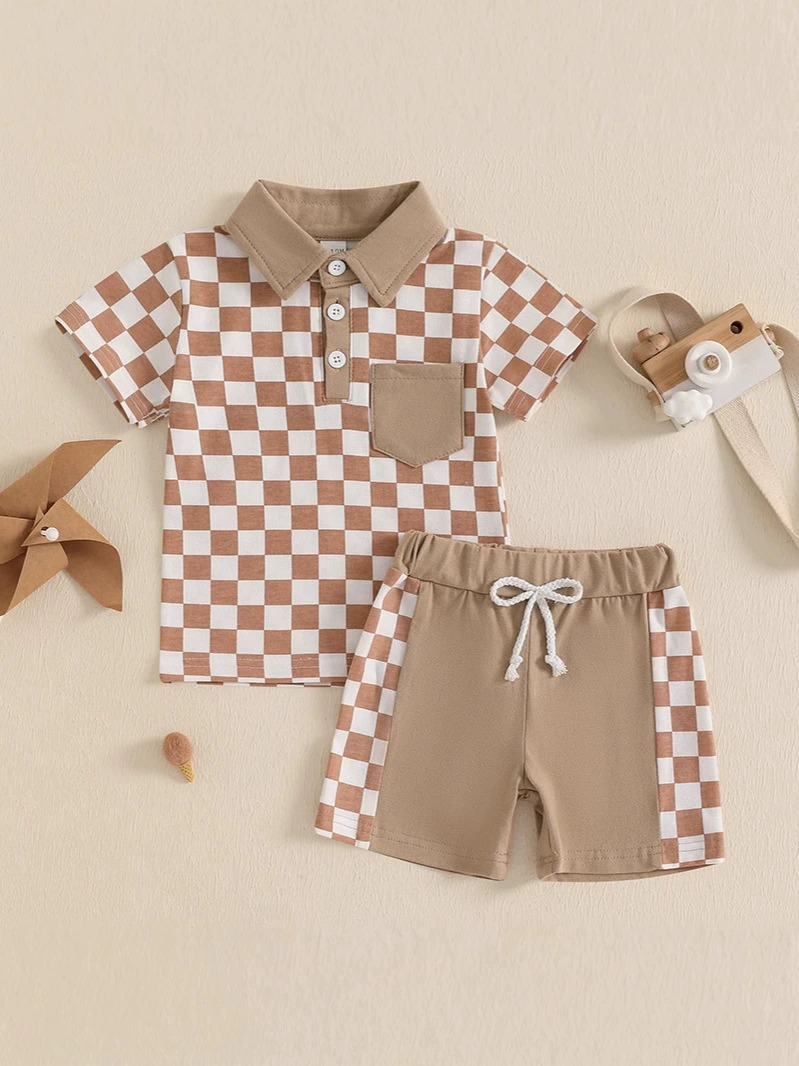Baby Boys Khaki Plaid Button Pocket Top Short Set Preorder
