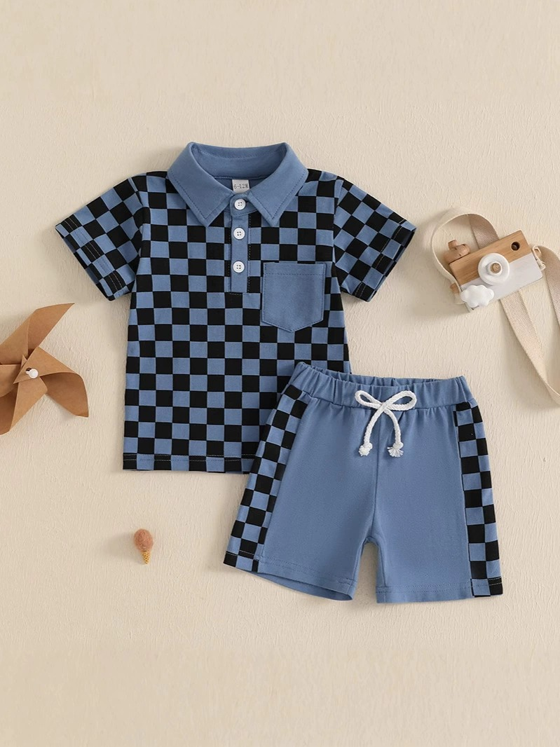 Baby Boys Blue Plaid Button Pocket Top Short Set Preorder