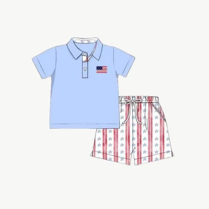 Baby Boys Flag Button Polo Top Pockets Stripe Short 4th Of July Clothes Set Preorder