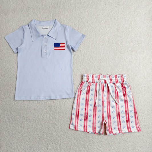 Baby Boys Flag Button Polo Shirt Top Pockets Stripe Short 4th Of July Clothes Set