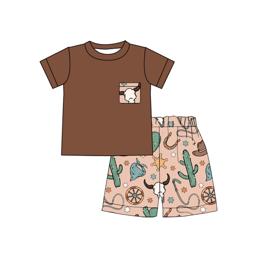Baby Boys Brown Short Sleeves Pocket Top Bull Skull Cactus Short Set Preorder