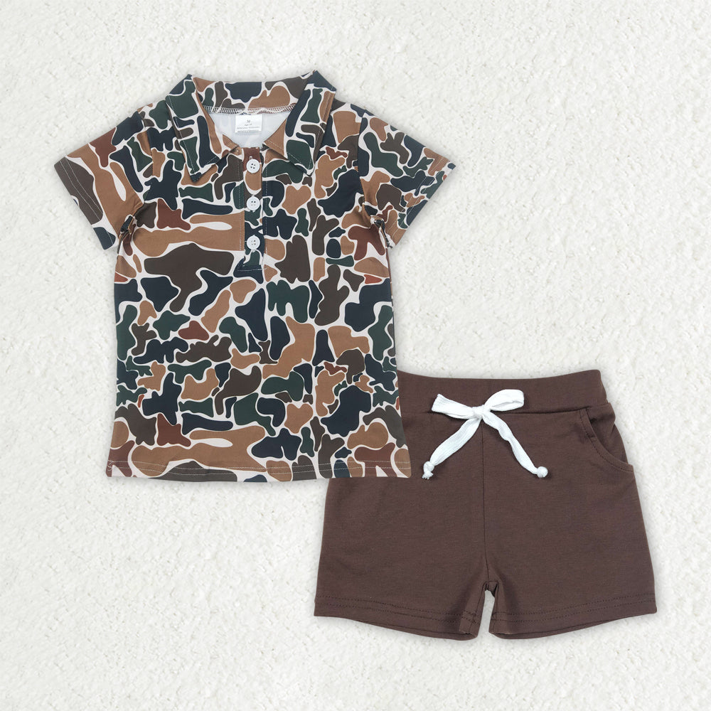 Baby Boys Brown Camouflage Button Pullover Top Pockets Shorts Sets