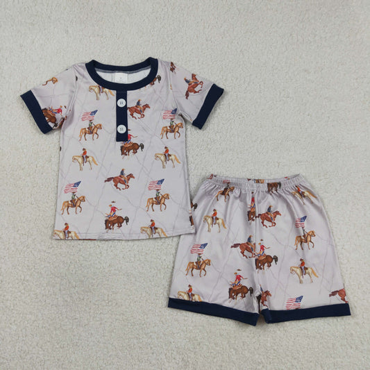 Sibling Baby Boys Flags Horses Cow Print Button Shirts Top Shorts 4th of July Pajamas Set